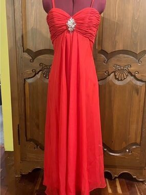 DaVinci Red Ruched Sweetheart Maxi Dress with Rhinestone Accent